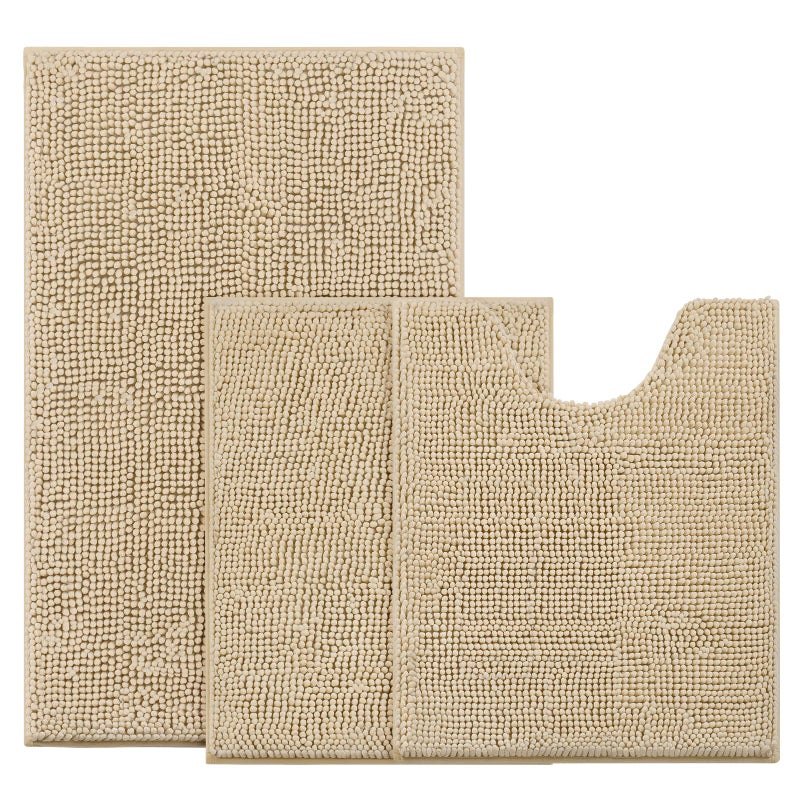 BYSURE Beige Bathroom Rugs Sets 3 Piece Non Slip Extra Absorbent Plush Chenille Soft Washable Bath Mats - Image 1